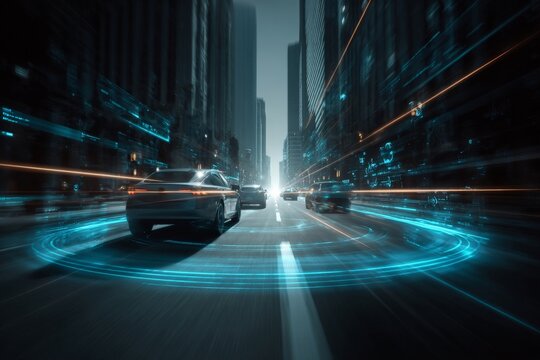 Futuristic self-driving cars navigate a high-tech city street with glowing digital data lines and motion blur, illustrating advanced traffic flow technology.