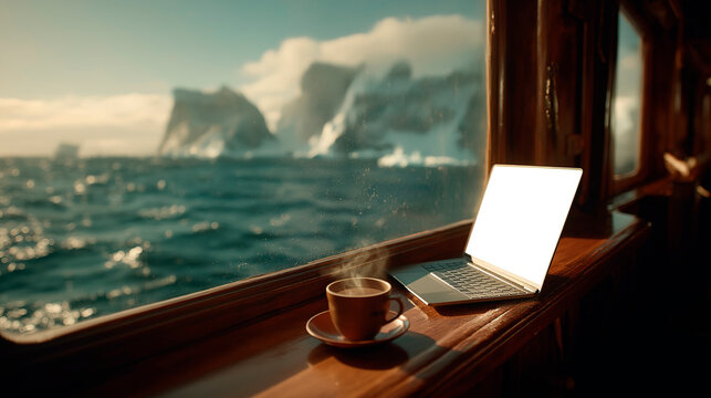 Calm remote workspace with open laptop and steaming coffee by panoramic window overlooking icy ocean and distant glaciers, perfect for travel lifestyle and digital nomad concepts. - Powered by Adobe