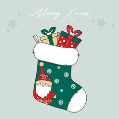 Christmas Stocking with Santa and Wrapped Gifts &ndash; Green Sock with Snowflakes and &lsquo;Merry Xmas&rsquo; Text on Light Background