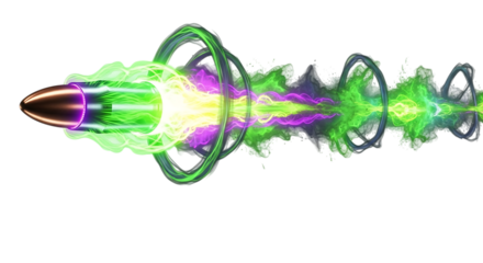 Copper bullet, with glowing green and purple energy trails and rings, isolated on a transparent background, cutout, PNG