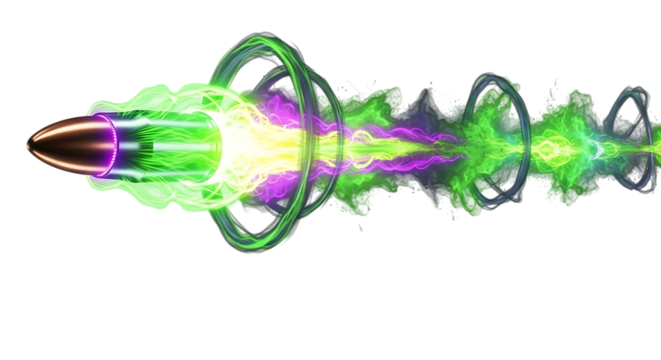 Copper bullet, with glowing green and purple energy trails and rings, isolated on a transparent background, cutout, PNG