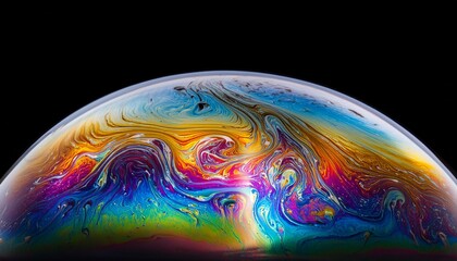 Close Up Macro Photograph Of The Psychedelic Rainbow Of Colors Mixing And Swirling In A Soap Bubble To Look Like A Fantasy Galaxy Or Planet Isolated Against A Black Background