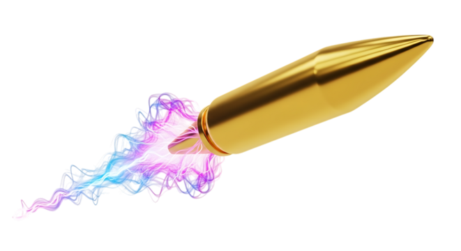 Golden bullet, with colorful energy trail in motion, isolated on a transparent background, cutout, PNG