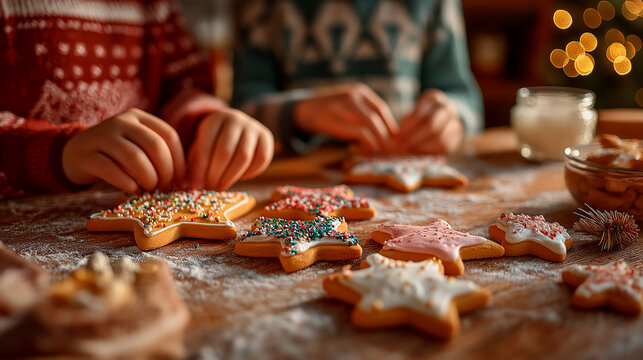 hildren decorating Christmas cookies on wooden table