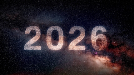 Large 2026 numbers over a deep starry sky with glowing nebula clouds, symbolizing the future, time concept and new year vision.
