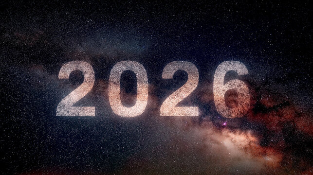 Large 2026 numbers over a deep starry sky with glowing nebula clouds, symbolizing the future, time concept and new year vision.