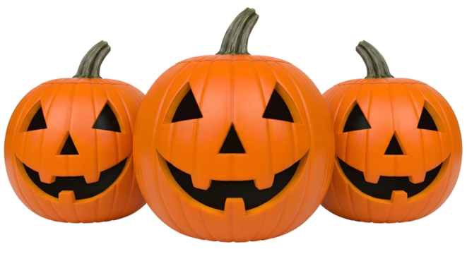 Three glowing carved orange pumpkins with cheerful faces isolated on transparent PNG background
