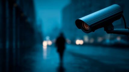 Modern security camera monitoring a city street at night, concept of surveillance, protection and public safety control.
