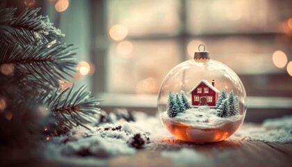 Miniature winter scene encapsulated within a clear glass decoration rests beside frosted pine needles.