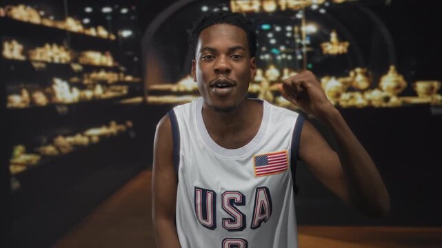 Man wearing usa basketball jersey raises fist and smiles under display lights in museum building; celebration.
