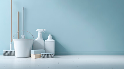 Organized set of cleaning tools and bottles against soft blue wall, ideal for housekeeping, hygiene and product promotion visuals.