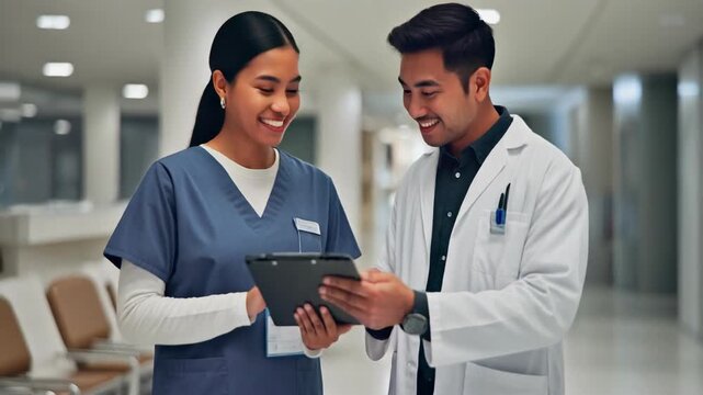Diverse healthcare professionals collaborating on a tablet in a modern hospital hallway. - Powered by Adobe