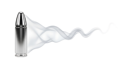 Silver bullet, emitting a wispy white smoke trail on a, isolated on a transparent background, cutout, PNG