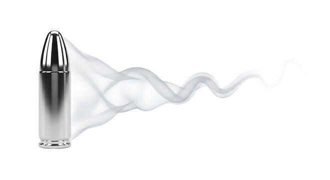 Silver bullet, emitting a wispy white smoke trail on a, isolated on a transparent background, cutout, PNG