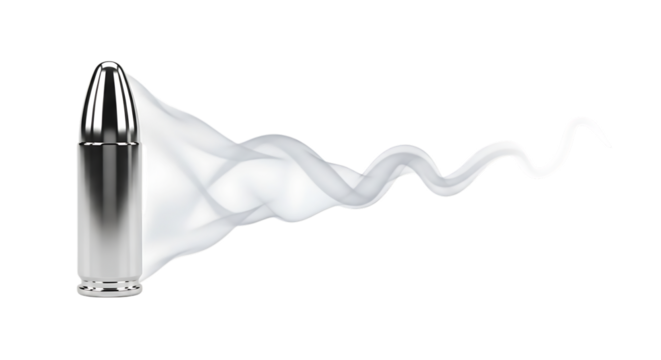 Silver bullet, emitting a wispy white smoke trail on a, isolated on a transparent background, cutout, PNG