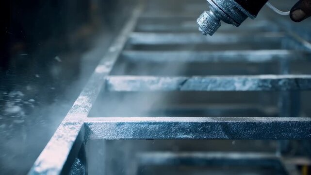 Closeup of metal frame receiving protective spray application highlighting precision and texture as the coating forms a resilient shield against environmental damage.