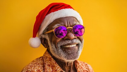 Joyful senior man wearing a festive cap and reflective eyewear against a bright background