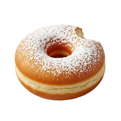 A single donut with a bite taken out of it covered in powdered sugar on a black background image