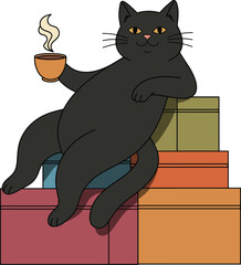 Relaxing Black Cat Enjoying a Hot Beverage on a Stack of Boxes