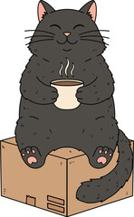 Cozy Black Cat Enjoying Coffee on a Cardboard Box