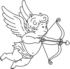 Cute Flying Cupid with Bow and Arrow Line Art