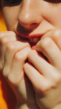 Close-up of a person anxiously biting their fingernails. Nervous girl. Slow motion.