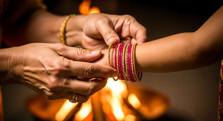 Woman placing bangles on child's wrist by Lohri fire during festival  