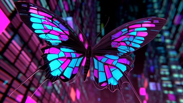 Vibrant neon butterfly flitting through digital cityscape in a dynamic video sequence