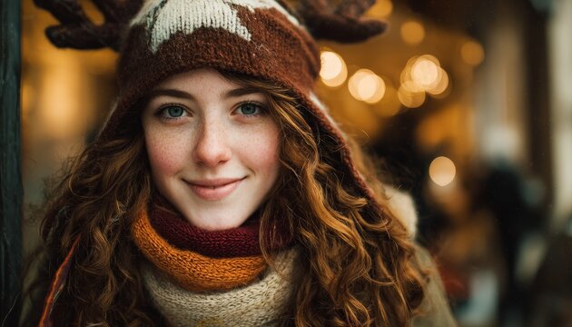 Young woman with curly hair wears novelty winter hat outdoors with warm background lights