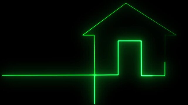 Home icon animation. Home button icon animation by neon on black background. Neon home button icon animation, shiny symbol. glowing House, home building animation.