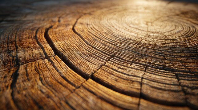 Close-up view of a tree stump showing detailed wood grain and patterns in warm sunlight