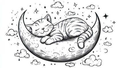 Sleeping cat on crescent moon, starry night sky, whimsical art, kids' book illustration