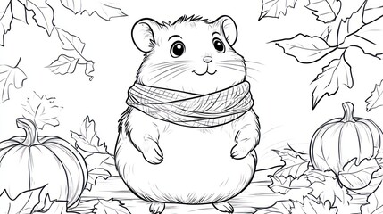 Cute hamster autumn leaves pumpkins coloring page