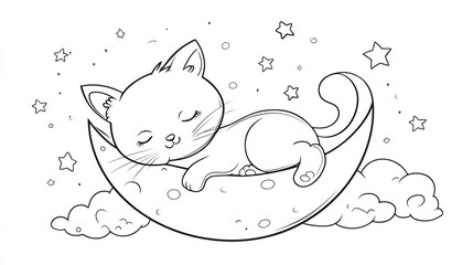 Kitten sleeps on crescent moon, stars, clouds; children's book illustration