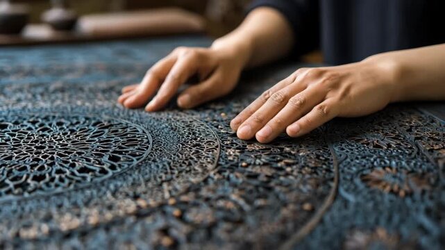 Closeup of hands delicately engraving detailed geometric patterns onto a smooth metal panel showcasing precision and craftsmanship in surface design.