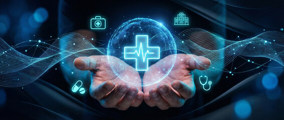 Modern Healthcare and Telemedicine Concept: Hands hold a glowing medical cross with digital hospital and pharmacy icons.