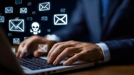 Business person typing on laptop risking phishing email scam