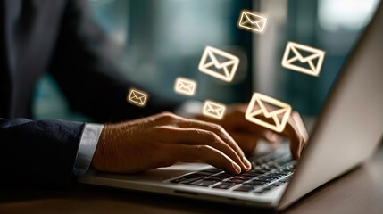 Businessman sending digital email marketing messages using laptop