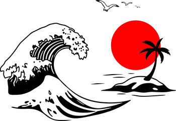 Stylized ocean wave crests towards a tropical island with a palm tree under a large red sun.