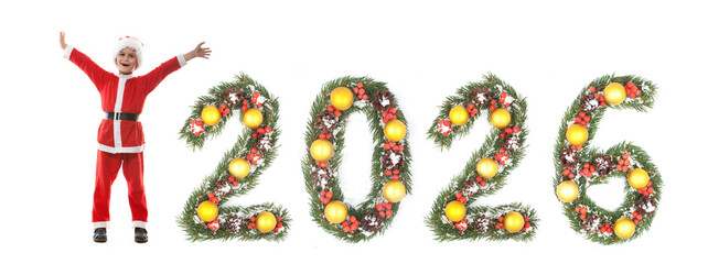 Boy Dressed as Santa Claus Beside Christmas New Year 2026 Evergreen Branch Number Decoration on white background