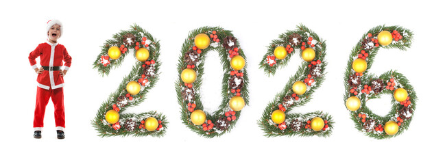 Boy Dressed as Santa Claus Beside Christmas New Year 2026 Evergreen Branch Number Decoration on white background
