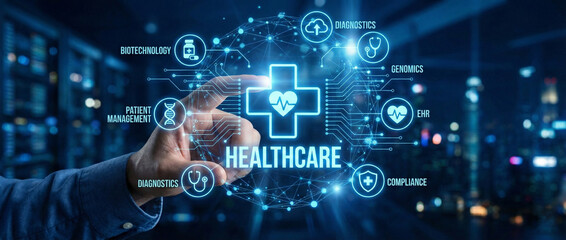 Digital Healthcare and MedTech Concept: A hand touches a futuristic medical interface with diagnostics and biotech icons.