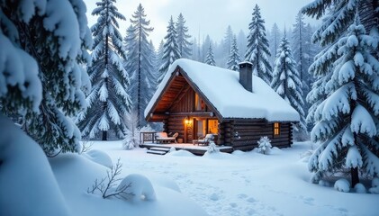 Naklejka premium A cozy cabin nestled deep within a snowy forest, completely obscured by a thick blanket of pristine white snow, offering a hidden winter retreat , trees, hush, cozy