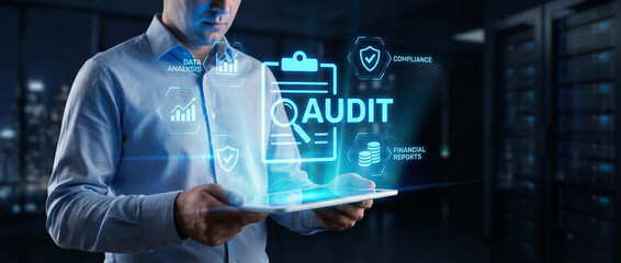 Financial Audit and Corporate Compliance: A businessman holds a tablet with a holographic audit and data analysis interface.