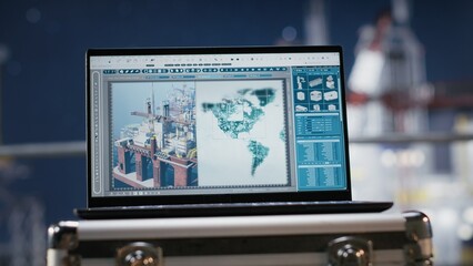 Laptop screen shows visualization and monitoring software on empty offshore platform, enabling mechanical system calibration and predictive maintenance for industrial operations.
