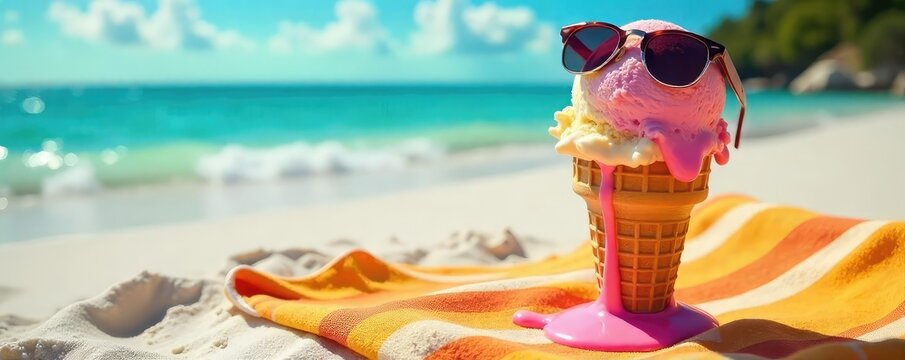A melting ice cream cone drips down a sun-baked beach towel, sunglasses perched precariously on top The epitome of a hilariously hot summer day , summer, humorous, holiday