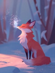 Obraz premium Fox Blowing Sparkling Kiss Dust in Warm Forest With Pastel Colors and Big Free Space for Imagination