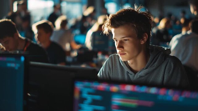 Focused Young Programmer at Hackathon