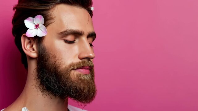 Zen Man: A serene man with eyes closed adorned with delicate flower petals against a solid background. An image that exudes tranquility and mindfulness