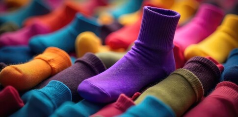 A single, mismatched sock sits alone amidst a pile of perfectly paired socks, highlighting the concept of uniqueness and individuality The odd sock is bright purple , vibrant, uncommon